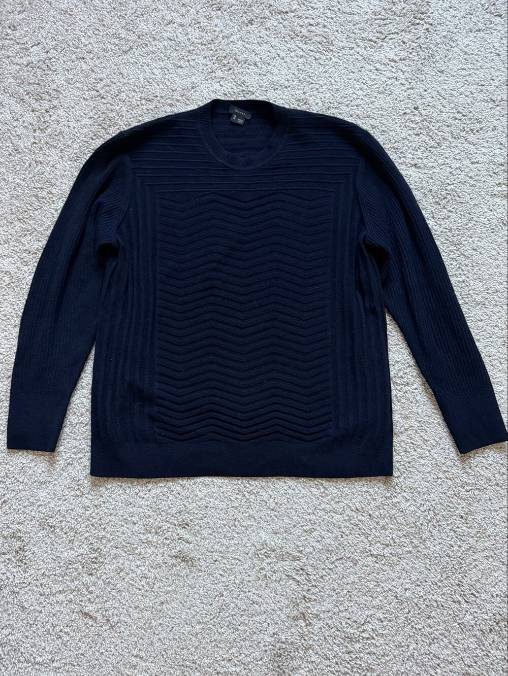 Theory Hannalor Evian Stretch Navy Wool Sweater Medium Chevron Ribbed Knit
